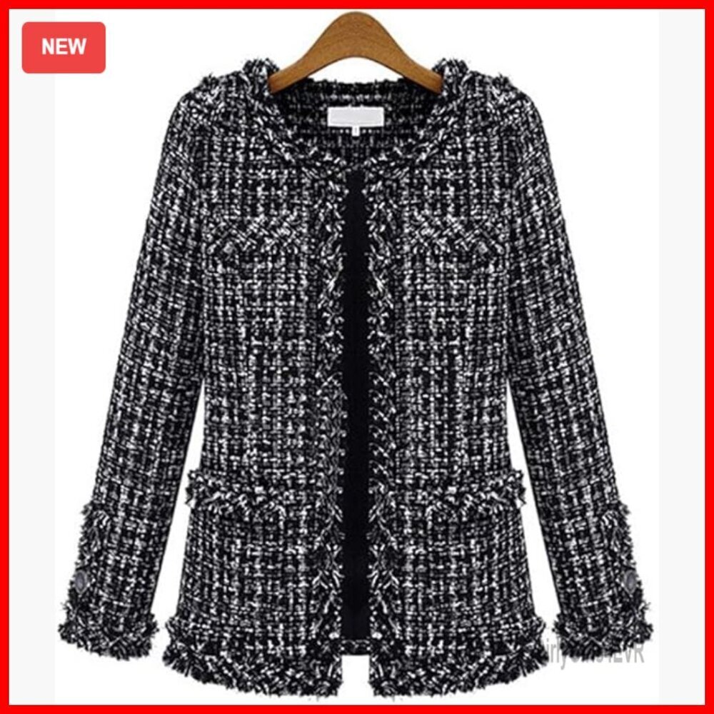 Slim Fit Fringed Tweed Blazer Jacket, Open Front, Long Sleeve